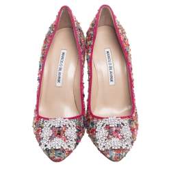 Pre Owned حذاء كعب عالى مانولو بلانيك تويد متعدد الألوان مزين هانغيسي مقدمة مدببة مقاس 36.5