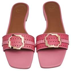 Pre Owned Manolo Blahnik  Pink Leather Buckle Flat Sandals Size 37
