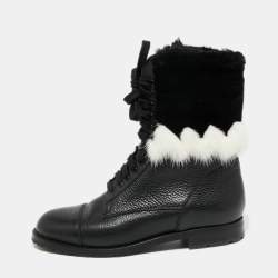 Manolo Blahnik Black/White Leather and Fur Ankle Boots Size 36.5