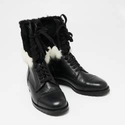 Manolo Blahnik Black/White Leather and Fur Ankle Boots Size 36.5
