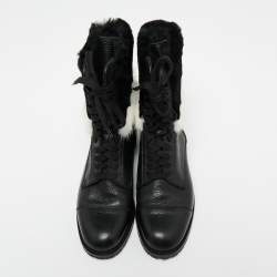 Manolo Blahnik Black/White Leather and Fur Ankle Boots Size 36.5