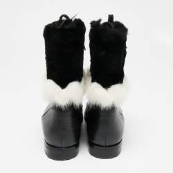 Manolo Blahnik Black/White Leather and Fur Ankle Boots Size 36.5