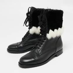 Manolo Blahnik Black/White Leather and Fur Ankle Boots Size 36.5