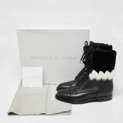 Manolo Blahnik Black/White Leather and Fur Ankle Boots Size 36.5