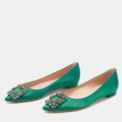 مملوكة مسبقًا Manolo Blahnik Green Satin Hangisi Ballet Flats Size 35