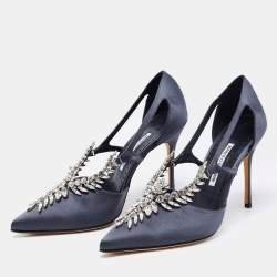 Manolo Blahnik Dark Grey Satin Lala Crystal Embellished Pointed Toe Pumps Size 40