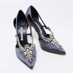 Manolo Blahnik Dark Grey Satin Lala Crystal Embellished Pointed Toe Pumps Size 40