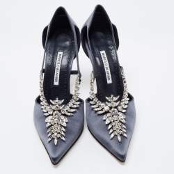 Manolo Blahnik Dark Grey Satin Lala Crystal Embellished Pointed Toe Pumps Size 40