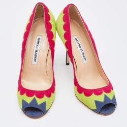 Pre Owned Manolo Blahnik Multicolor Suede Peep Toe Pumps Size 37