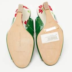 Pre Owned Manolo Blahnik Green Patent Leather Maniapla Embroidered Wedge Sandals Size 38.5