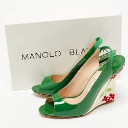 Pre Owned Manolo Blahnik Green Patent Leather Maniapla Embroidered Wedge Sandals Size 38.5