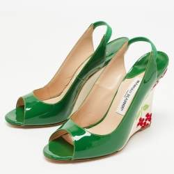 Pre Owned Manolo Blahnik Green Patent Leather Maniapla Embroidered Wedge Sandals Size 38.5