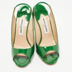 Pre Owned Manolo Blahnik Green Patent Leather Maniapla Embroidered Wedge Sandals Size 38.5
