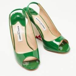 Pre Owned Manolo Blahnik Green Patent Leather Maniapla Embroidered Wedge Sandals Size 38.5