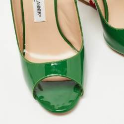 Pre Owned Manolo Blahnik Green Patent Leather Maniapla Embroidered Wedge Sandals Size 38.5