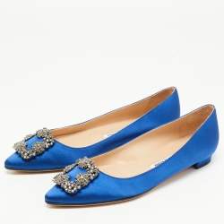 Pre Owned Manolo Blahnik Blue Satin Hangisi Ballet Flats Size 38.5 