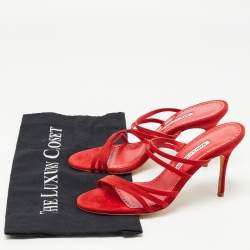 Pre Owned Manolo Blahnik Red Suede Strappy Slides Size 36.5