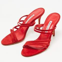 Pre Owned Manolo Blahnik Red Suede Strappy Slides Size 36.5