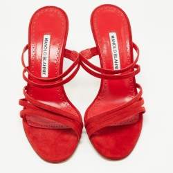 Pre Owned Manolo Blahnik Red Suede Strappy Slides Size 36.5