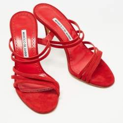 Pre Owned Manolo Blahnik Red Suede Strappy Slides Size 36.5