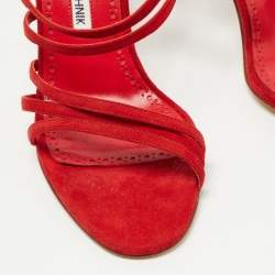 Pre Owned Manolo Blahnik Red Suede Strappy Slides Size 36.5