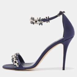 Manolo Blahnik Navy Blue Satin Firadou Sandals Size 41