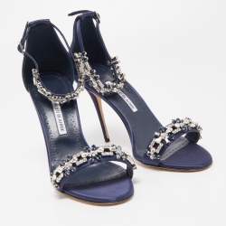 Manolo Blahnik Navy Blue Satin Firadou Sandals Size 41