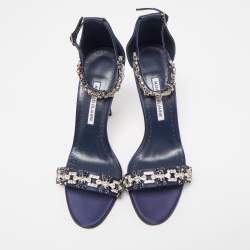 Manolo Blahnik Navy Blue Satin Firadou Sandals Size 41