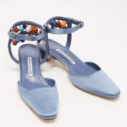 Pre Owned Manolo Blahnik Blue Satin Ankle Strap Sandals Size 39