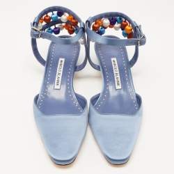 Pre Owned Manolo Blahnik Blue Satin Ankle Strap Sandals Size 39