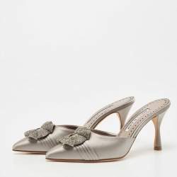 Manolo Blahnik Grey Satin Hangisimu Mules Size 36