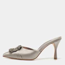Manolo Blahnik Grey Satin Hangisimu Mules Size 36