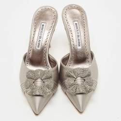Manolo Blahnik Grey Satin Hangisimu Mules Size 36