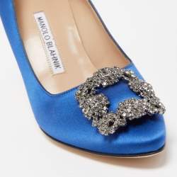 Pre Owned Manolo Blahnik Blue Satin Hangisi Crystal Embellished Pumps Size 36.5
