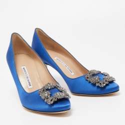 Pre Owned Manolo Blahnik Blue Satin Hangisi Crystal Embellished Pumps Size 36.5