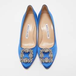 Pre Owned Manolo Blahnik Blue Satin Hangisi Crystal Embellished Pumps Size 36.5