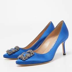 Pre Owned Manolo Blahnik Blue Satin Hangisi Crystal Embellished Pumps Size 36.5
