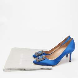 Pre Owned Manolo Blahnik Blue Satin Hangisi Crystal Embellished Pumps Size 36.5