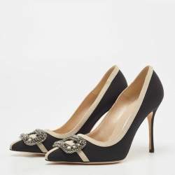Pre Owned Manolo Blahnik Black/Beige Fabric Gotrian Pumps Size 36.5