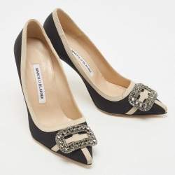 Pre Owned Manolo Blahnik Black/Beige Fabric Gotrian Pumps Size 36.5