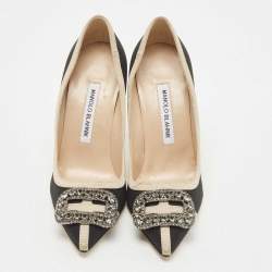 Pre Owned Manolo Blahnik Black/Beige Fabric Gotrian Pumps Size 36.5