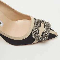 Pre Owned Manolo Blahnik Black/Beige Fabric Gotrian Pumps Size 36.5