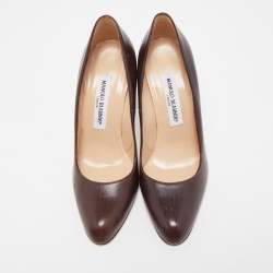 Pre Owned Manolo Blahnik Brown Leather Round Toe Pumps Size 36