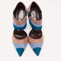 Pre Owned Manolo Blahnik Tri Color Suede Ankle Cuff Pumps Size 36