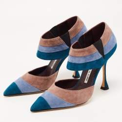 Pre Owned Manolo Blahnik Tri Color Suede Ankle Cuff Pumps Size 36