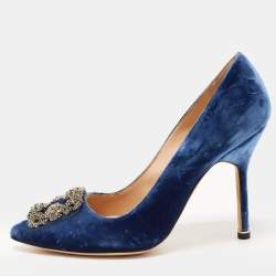 Manolo Blahnik Blue Velvet Hangisi Crystal Embellished Pointed Toe Pumps Size 36.5