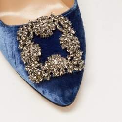 Manolo Blahnik Blue Velvet Hangisi Crystal Embellished Pointed Toe Pumps Size 36.5