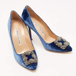 Manolo Blahnik Blue Velvet Hangisi Crystal Embellished Pointed Toe Pumps Size 36.5