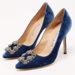 Manolo Blahnik Blue Velvet Hangisi Crystal Embellished Pointed Toe Pumps Size 36.5