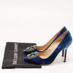 Manolo Blahnik Blue Velvet Hangisi Crystal Embellished Pointed Toe Pumps Size 36.5